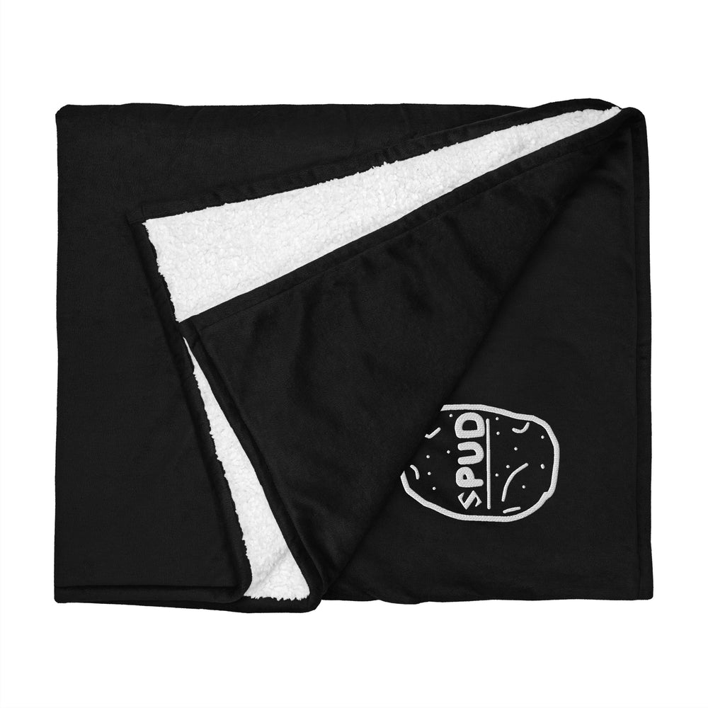Da Sherpa Spud Blankeeee, sherpa fleece blanket in black with embroidered Scendent logo
