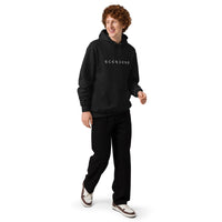 SNDT Essential Hoodie in black, detail of embroidered Scendent logo